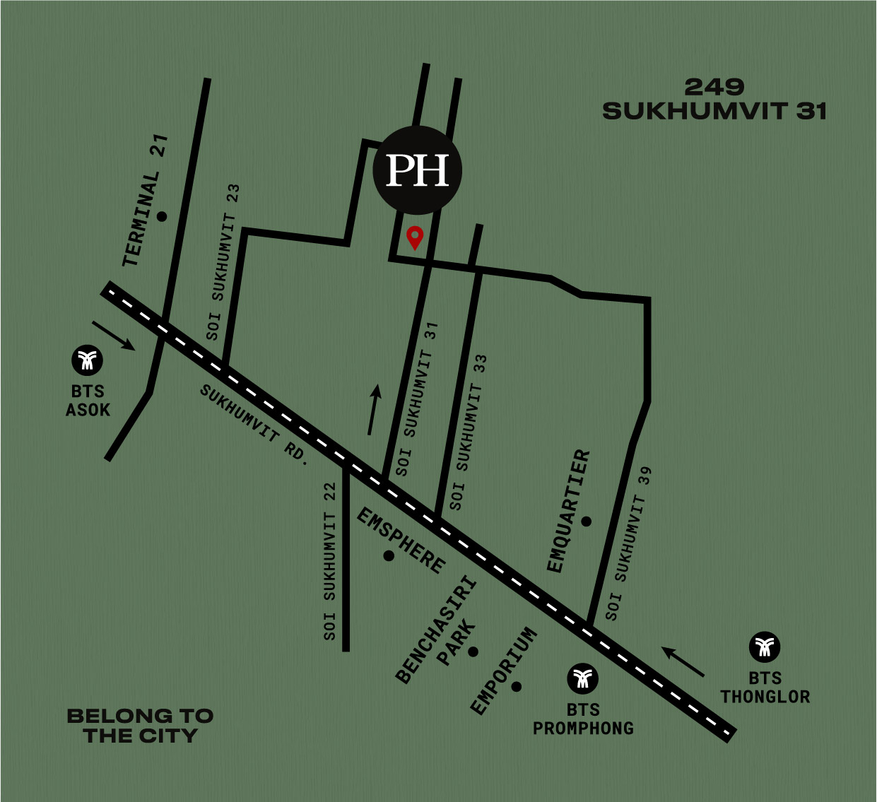 Illustrated map of Sukhumvit, Bangkok showing Public House Bangkok at 249 Soi Sukhumvit 31 in Phrom Phong, with BTS Asok, BTS Phrom Phong and BTS Thonglor, Terminal 21, EmSphere, Emporium, EmQuartier and Benchasiri Park marked along Sukhumvit Road
