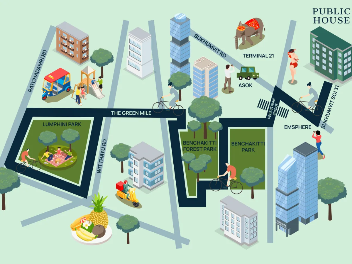 Illustrated overhead map of the Tri-Park Adventure: Sukhumvit Soi 31 to Asok, south past Terminal 21 to Benchakitti Park and Benchakitti Forest Park, then along The Green Mile elevated walkway to Lumphini Park, with Ratchadamri and Witthayu Roads beyond