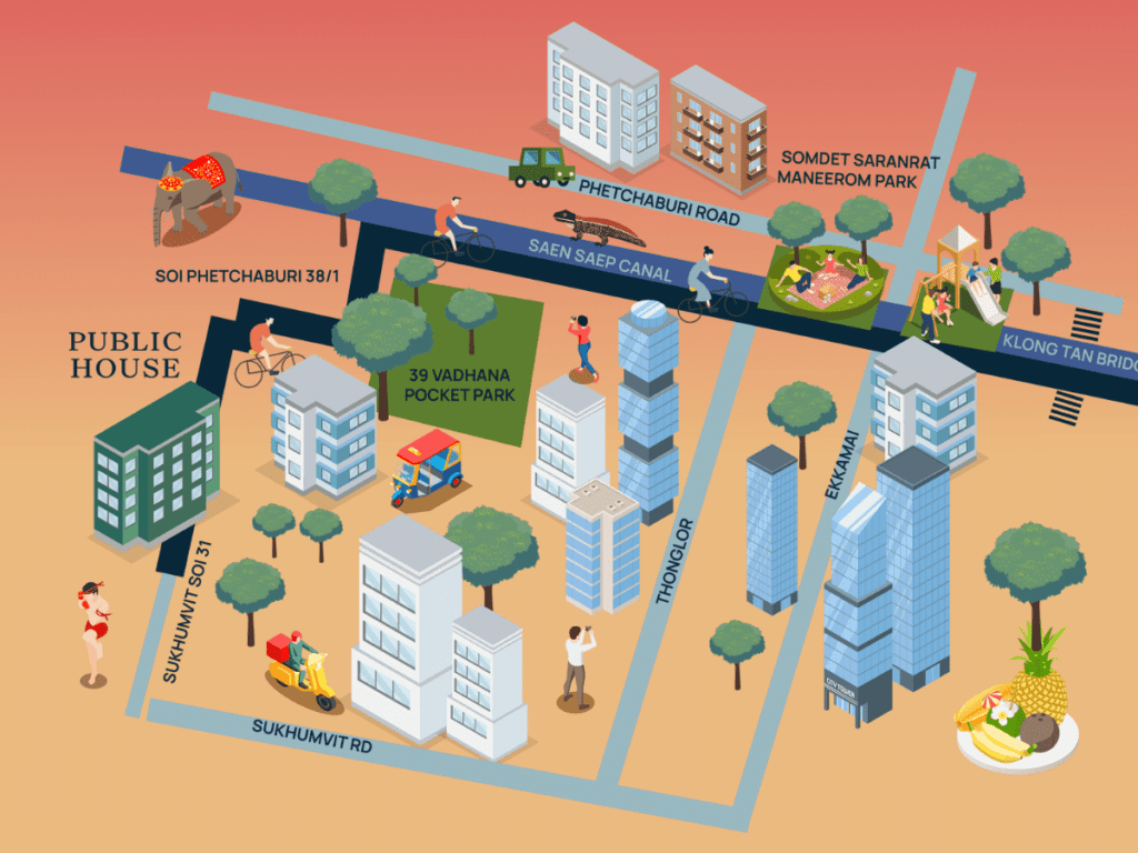Illustrated overhead map of the Canal Adventure: north up Sukhumvit Soi 31 to Soi Phetchaburi 38/1, then east along the Saen Saep Canal past 39 Vadhana Pocket Park and Somdet Saranrat Maneerom Park towards Thonglor, Ekkamai and Klong Tan Bridge
